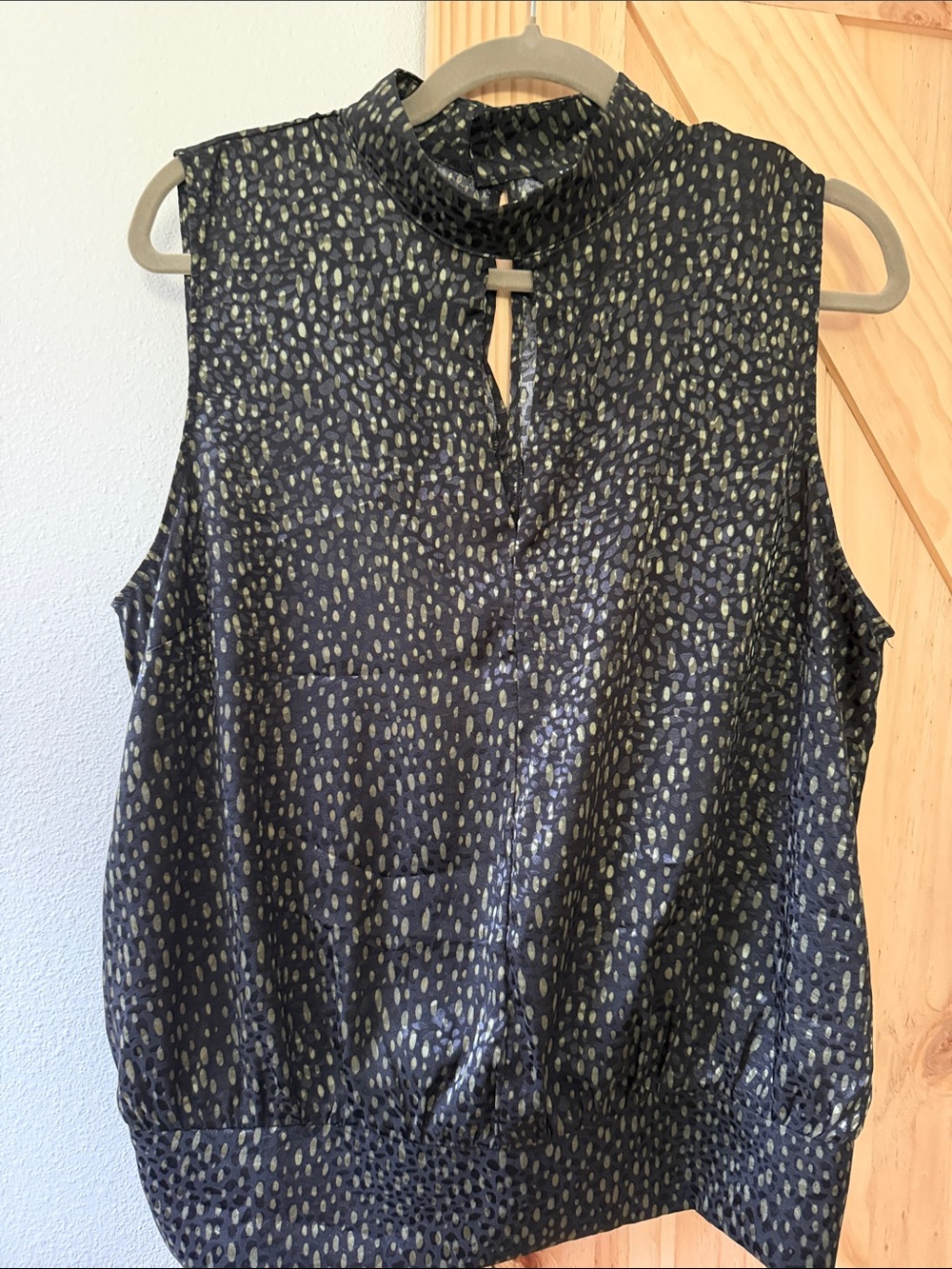 Liverpool Sleeveless Mock Neck Blouse in Black with Gold Dot Pattern